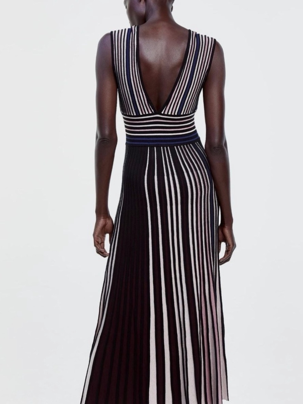 Zara Striped V-Neck Pleated Midi Dress - Picture 2 of 5